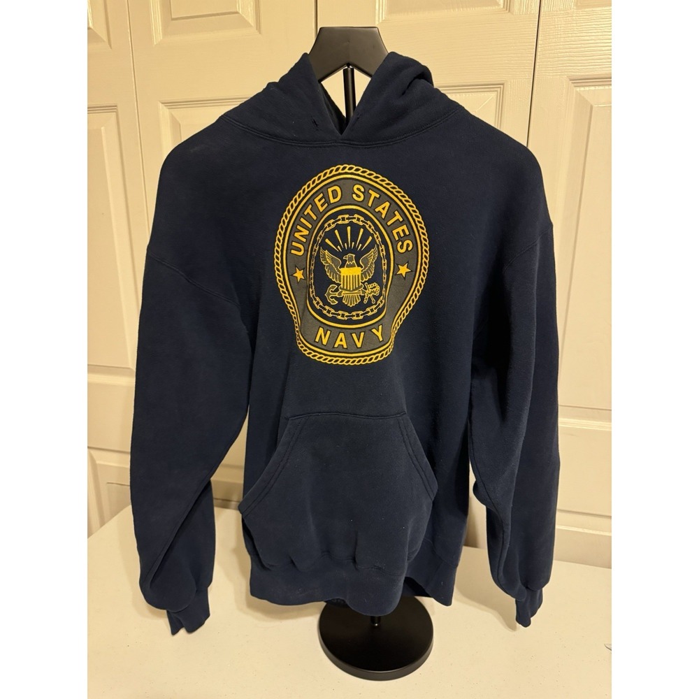 Vtg MJ Soffe Medium United States Navy Pullover Hoodie Sweatshirt Navy Blue